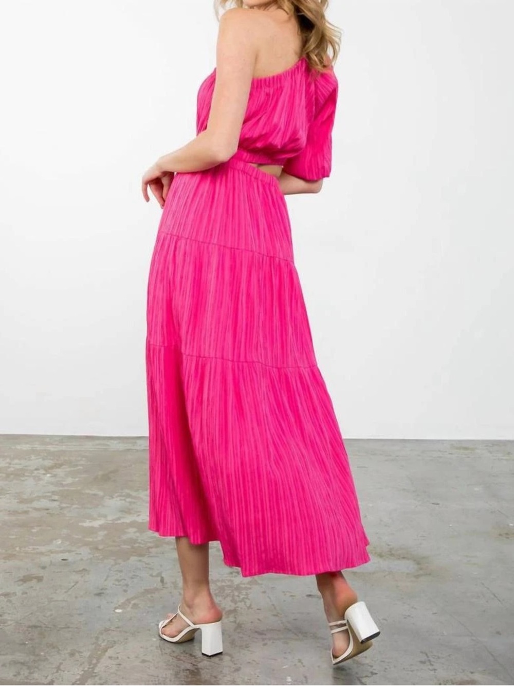 THML Tropical Destination Tiered One-Shoulder Pink Maxi Dress with Cutout - Picture 2 of 9